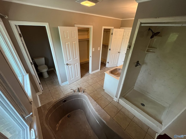 bathroom featuring tile patterned flooring, toilet, a bath, a stall shower, and a walk in closet