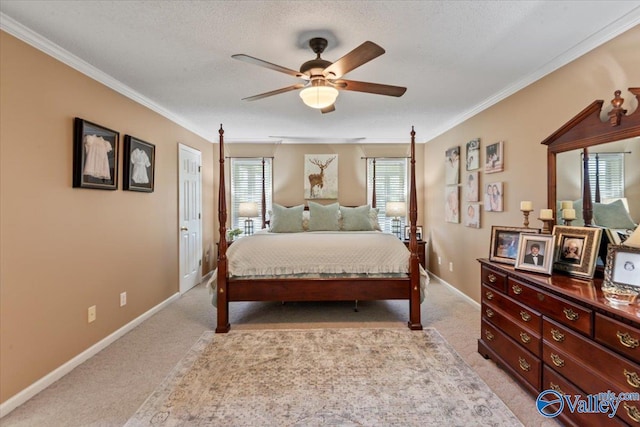 bedroom with baseboards, light colored carpet, and crown molding