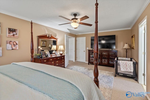 bedroom featuring light colored carpet, ceiling fan, baseboards, and ornamental molding
