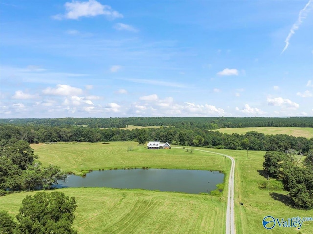 bird's eye view featuring a rural view and a water view