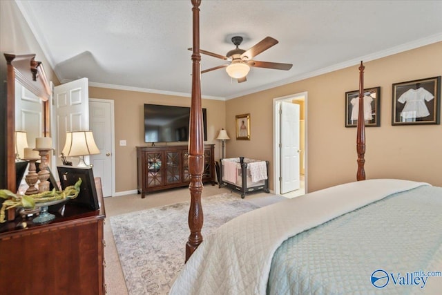 bedroom with light carpet, ceiling fan, crown molding, and baseboards