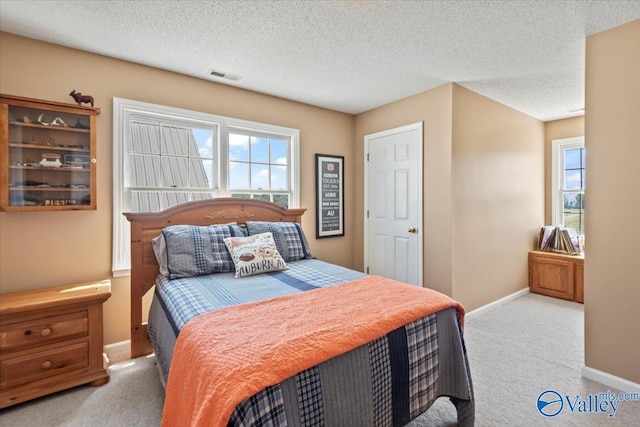 bedroom with visible vents, a textured ceiling, carpet, and baseboards