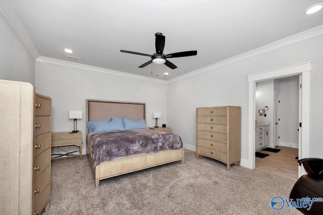 bedroom featuring baseboards, a ceiling fan, carpet, crown molding, and recessed lighting