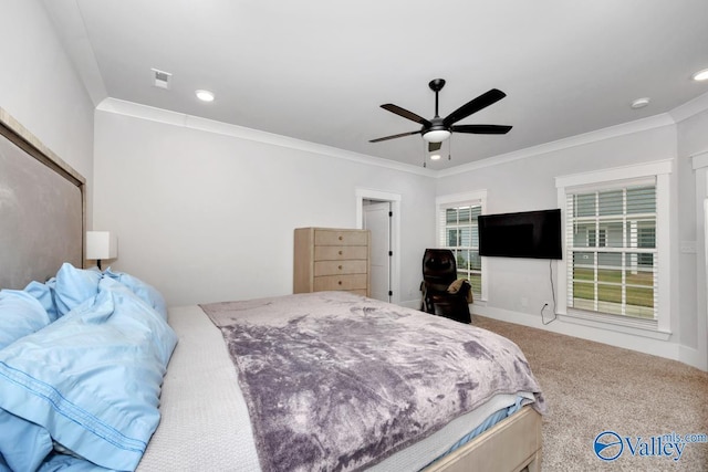 bedroom featuring ornamental molding, recessed lighting, carpet flooring, visible vents, and ceiling fan