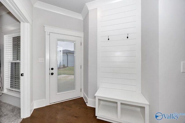 mudroom featuring dark wood-type flooring, baseboards, and crown molding