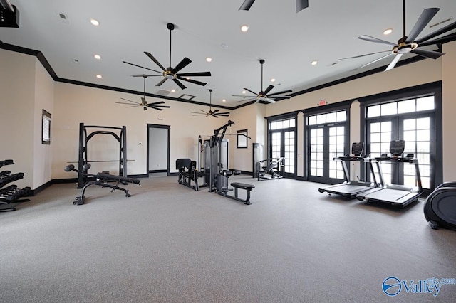 workout area with baseboards, recessed lighting, crown molding, visible vents, and ceiling fan