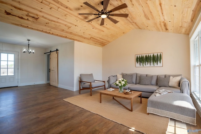 living room featuring a barn door, vaulted ceiling, wood finished floors, wooden ceiling, and ceiling fan with notable chandelier