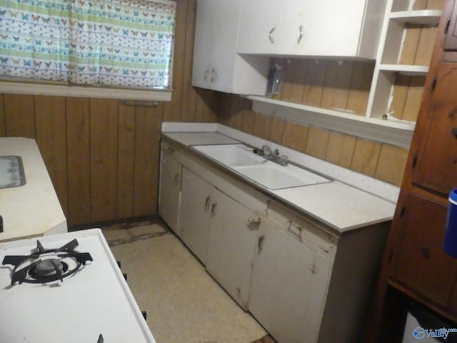 kitchen featuring white cabinetry, wood walls, and sink