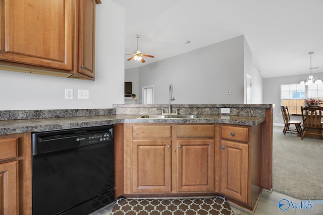 kitchen featuring sink, black dishwasher, lofted ceiling, kitchen peninsula, and ceiling fan with notable chandelier