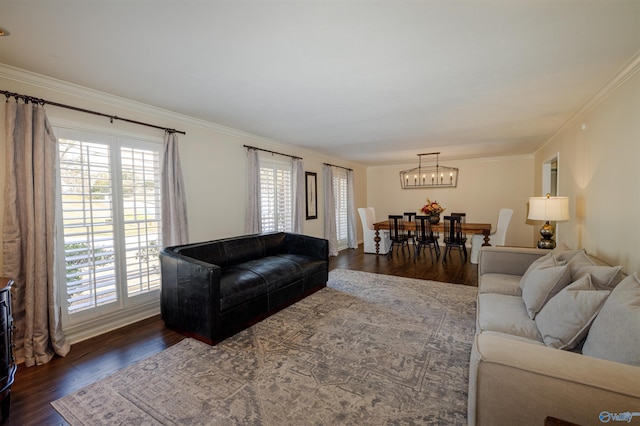 living room with dark wood-style floors and ornamental molding