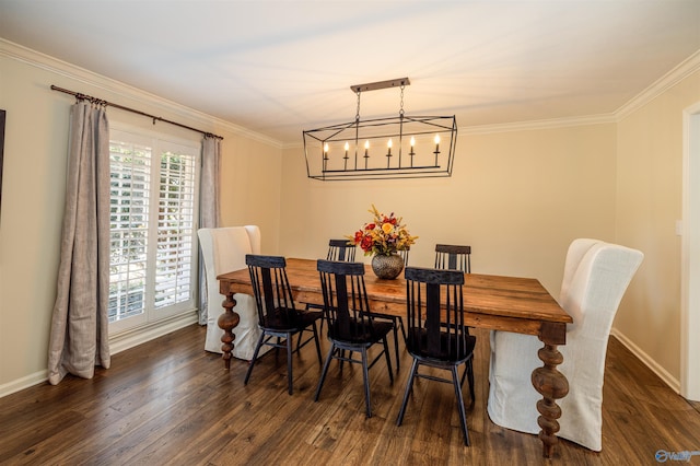 dining area with ornamental molding, dark wood-type flooring, and baseboards