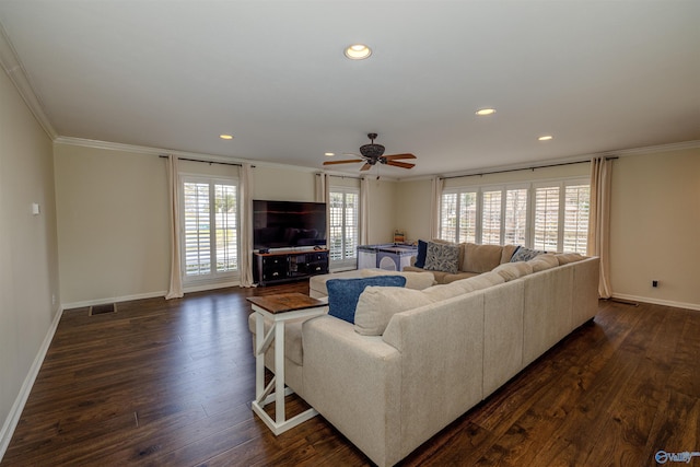 living room with baseboards, recessed lighting, dark wood finished floors, and crown molding