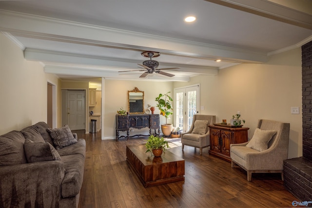 living room featuring ornamental molding, dark wood finished floors, beam ceiling, and recessed lighting