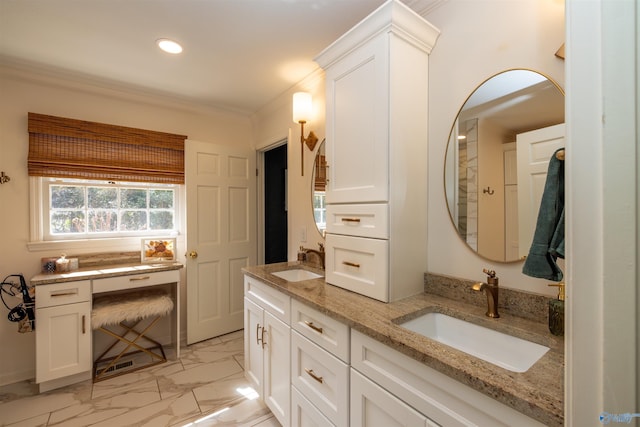 full bath featuring crown molding, marble finish floor, a sink, and double vanity