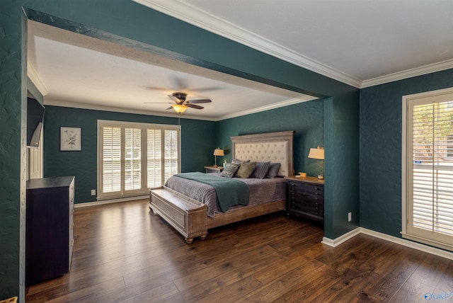bedroom featuring dark wood-type flooring, crown molding, baseboards, and ceiling fan