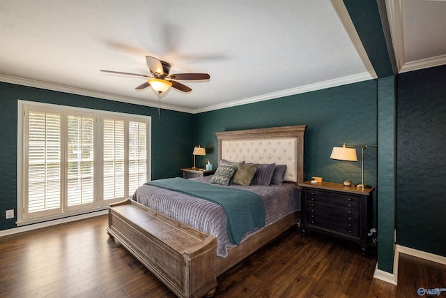 bedroom featuring ornamental molding, dark wood-style flooring, a ceiling fan, and baseboards