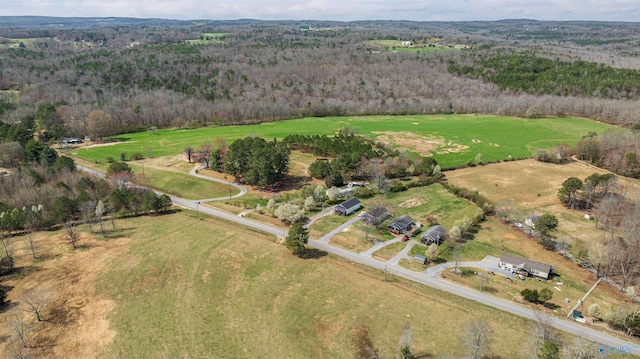 bird's eye view featuring a view of trees and a rural view