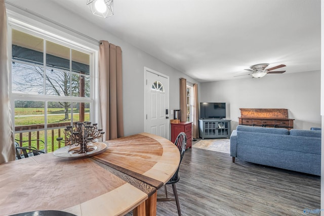 dining area with a ceiling fan and wood finished floors