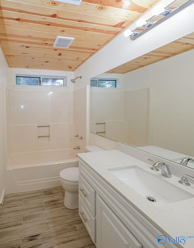 full bathroom with bathing tub / shower combination, toilet, wooden ceiling, and vanity