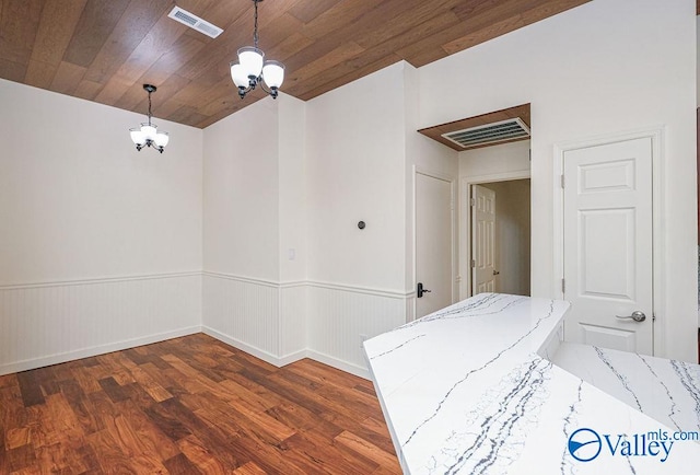 interior space with wooden ceiling, hardwood / wood-style flooring, and a notable chandelier