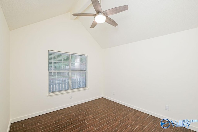 unfurnished room featuring ceiling fan, vaulted ceiling with beams, and dark wood-type flooring