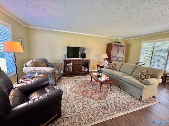 living room with a textured ceiling, ornamental molding, and hardwood / wood-style flooring