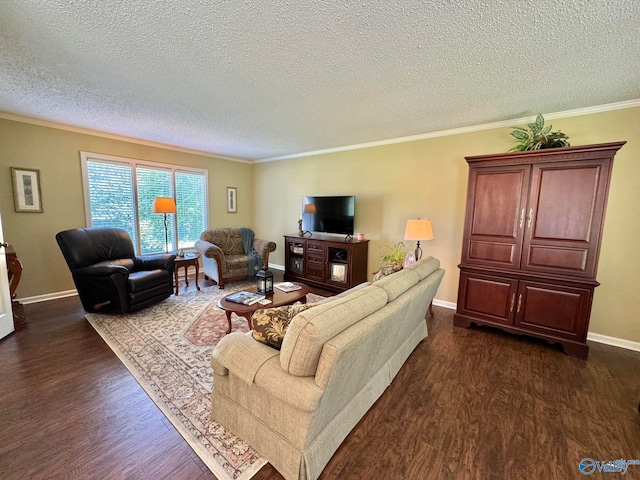 living room featuring ornamental molding, dark wood-type flooring, and a textured ceiling