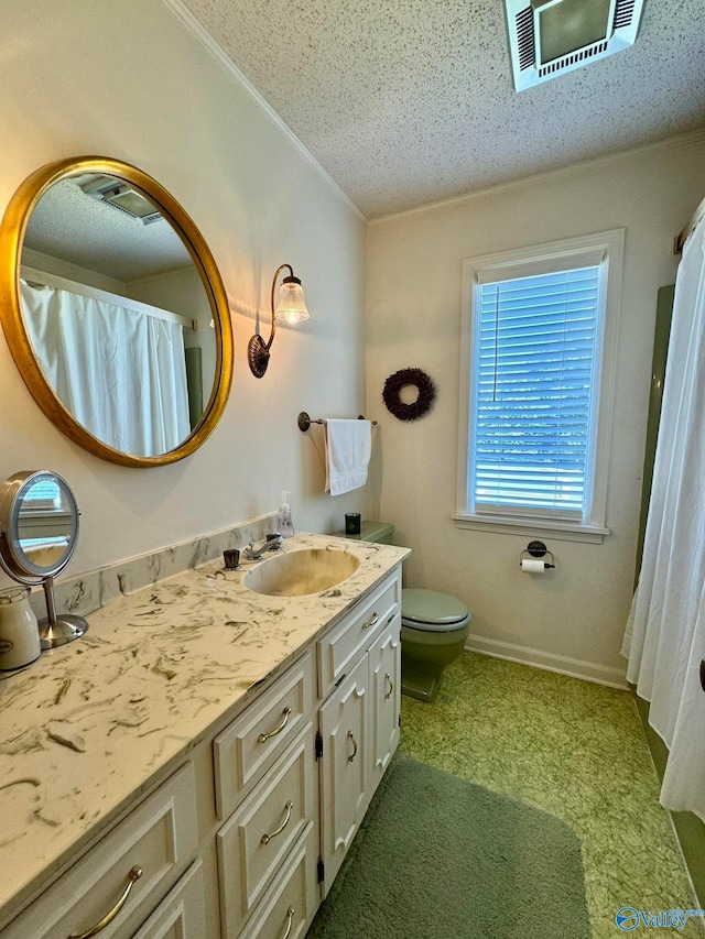 bathroom featuring walk in shower, toilet, ornamental molding, and vanity