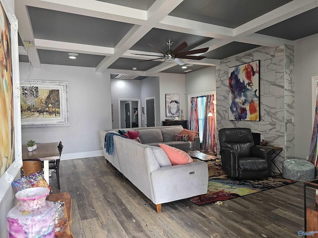 living room featuring coffered ceiling, beam ceiling, dark hardwood / wood-style floors, and ceiling fan