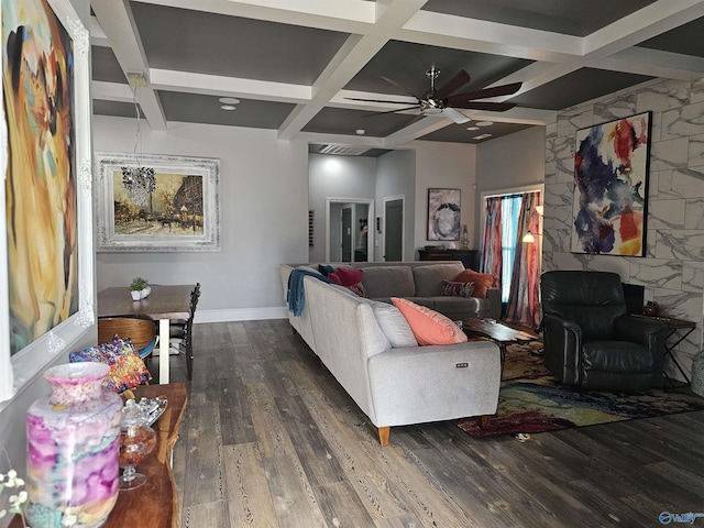 living room with coffered ceiling, beam ceiling, dark hardwood / wood-style flooring, and ceiling fan