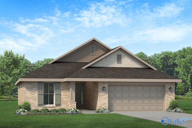 view of front of house with brick siding, a shingled roof, concrete driveway, an attached garage, and a front yard