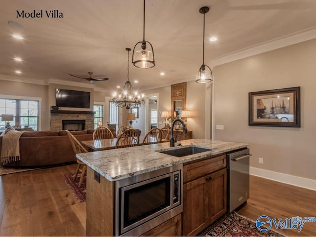 kitchen featuring dark wood-type flooring, open floor plan, stainless steel appliances, and a sink