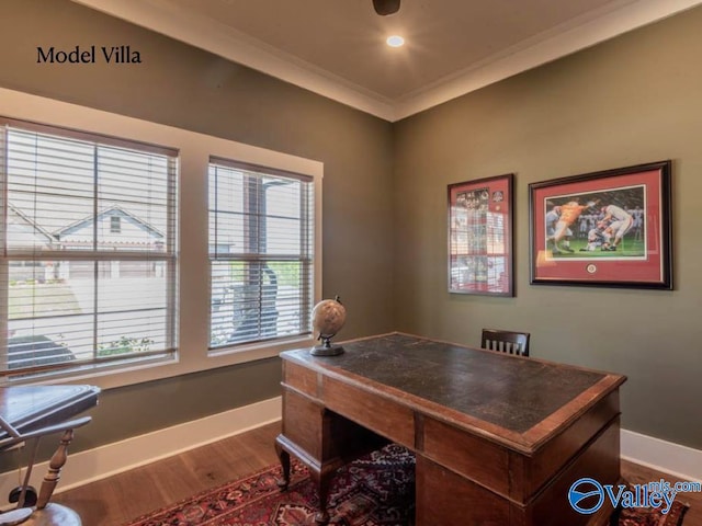 office featuring hardwood / wood-style flooring and ornamental molding