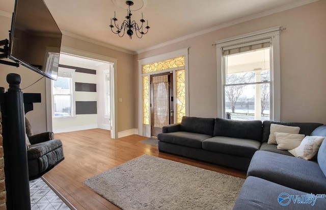 living room featuring an inviting chandelier, ornamental molding, and light hardwood / wood-style floors