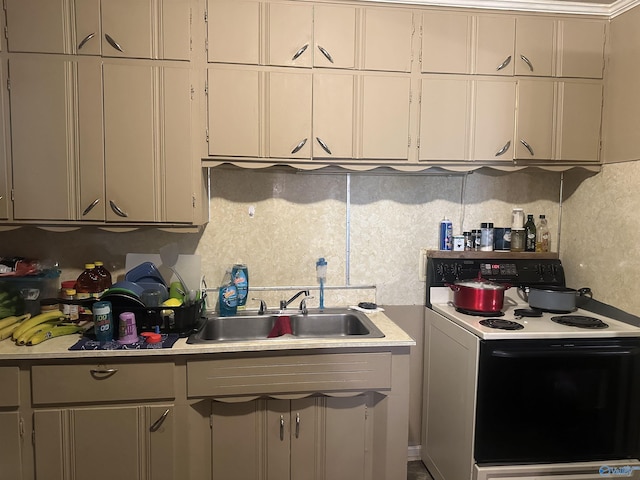 220 E Walnut St, Gadsden, AL 35903 - kitchen with electric range, a sink, light countertops, and backsplash