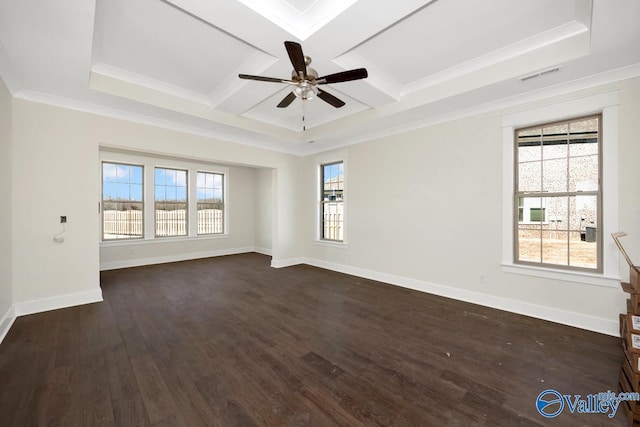 spare room with dark wood-style flooring, coffered ceiling, ceiling fan, baseboards, and beamed ceiling