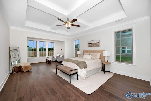bedroom featuring coffered ceiling, wood finished floors, beamed ceiling, baseboards, and ornamental molding