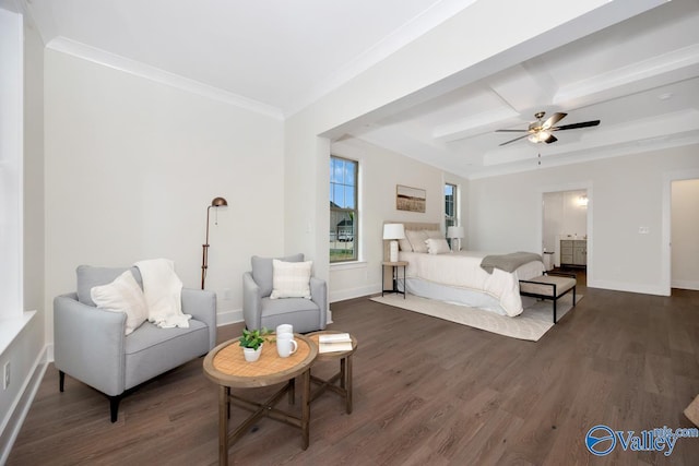 bedroom with dark wood-type flooring, baseboards, ornamental molding, beamed ceiling, and a ceiling fan