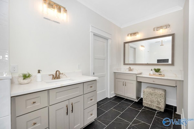 full bathroom with two vanities and ornamental molding