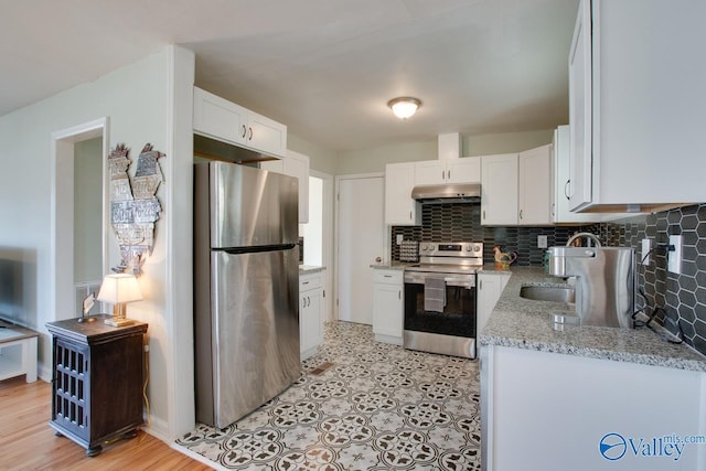 1608 Humes Ave, Huntsville, AL 35801 - kitchen featuring decorative backsplash, white cabinetry, under cabinet range hood, and stainless steel appliances