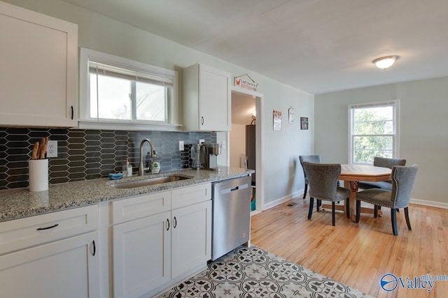 1608 Humes Ave, Huntsville, AL 35801 - kitchen featuring baseboards, white cabinetry, tasteful backsplash, a sink, and dishwasher