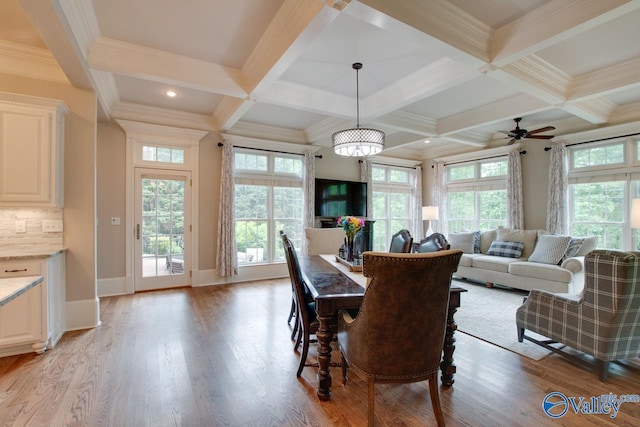 dining room with beam ceiling, coffered ceiling, and light hardwood / wood-style floors