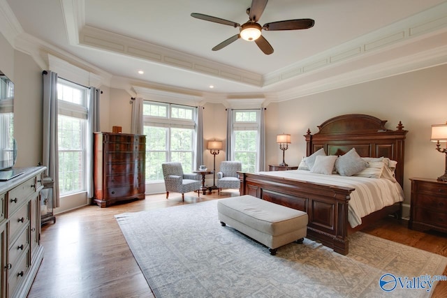 bedroom with multiple windows, ceiling fan, light wood-type flooring, and a tray ceiling