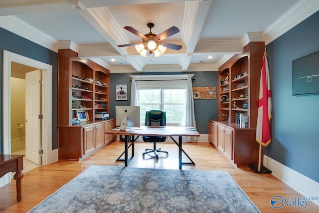 office area with ornamental molding, built in shelves, beam ceiling, and light hardwood / wood-style floors