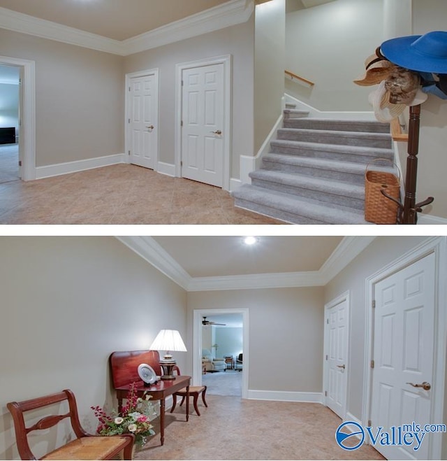 interior space featuring crown molding and light tile patterned floors