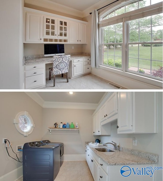 kitchen with sink, built in desk, ornamental molding, washer and clothes dryer, and white cabinets