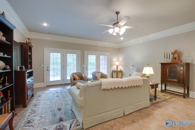 carpeted bedroom featuring crown molding and ceiling fan