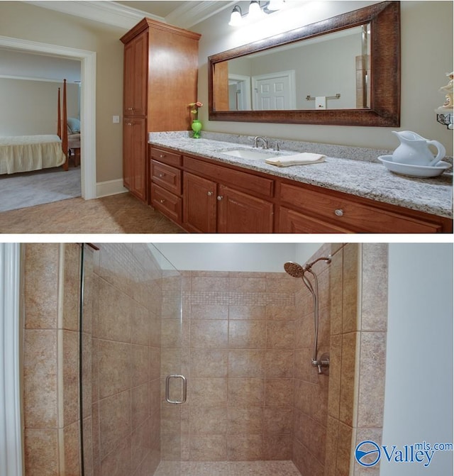 bathroom featuring a shower with door, crown molding, and vanity