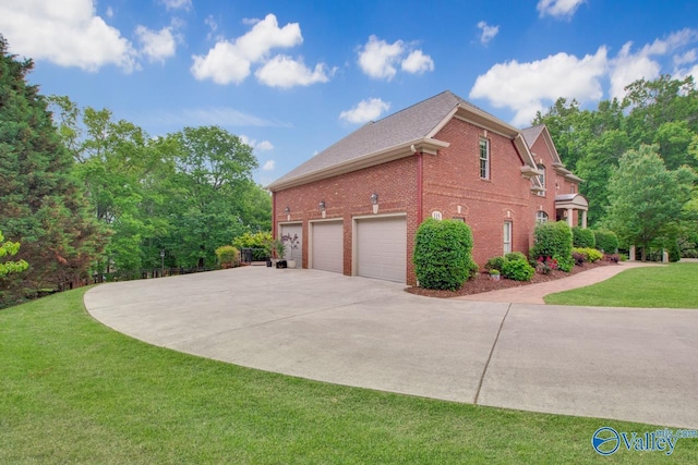 view of property exterior with a garage and a yard