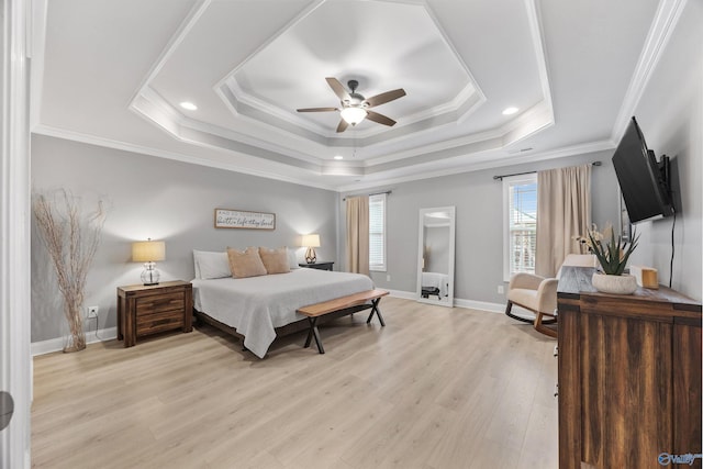 17067 Stonegate Dr, Athens, AL 35613 - bedroom with a tray ceiling, light wood-type flooring, baseboards, ceiling fan, and ornamental molding